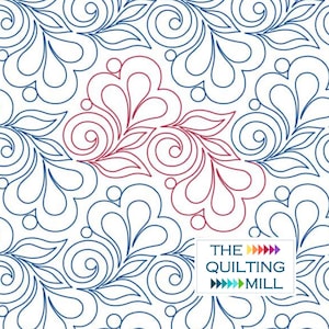 May include: A digital design featuring a repeating pattern of blue and red swirls and leaves. The design is titled "The Quilting Mill".