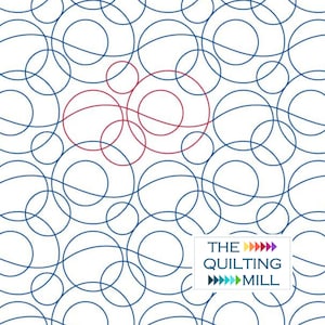May include: A white background with a repeating pattern of blue and red circles and curved lines. The text "THE QUILTING MILL" is in the bottom right corner of the image.