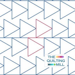 May include: A white background with a pattern of blue triangles. Two red triangles are in the center of the pattern. The text "THE QUILTING MILL" is in the bottom right corner of the image.
