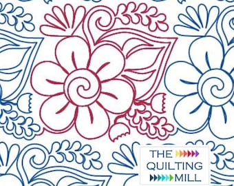 May include: A white background with a repeating pattern of blue and red stylized flowers. The flowers are outlined in a dark blue and red color. The text "THE QUILTING MILL" is in the bottom right corner of the image.