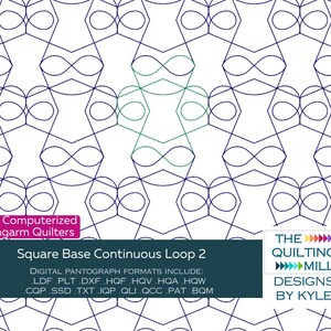 Puede incluir: Un patrón de acolchado digital llamado "Square Base Continuous Loop 2" para acolchadores de brazo largo. El patrón presenta un diseño geométrico con símbolos de infinito repetidos. El patrón está disponible en múltiples formatos digitales, incluidos LDF, PLT, DXF, HQF, HQV, HQA, HQW, CQP, SSD, TXT, IQP, QLI, QCC, PAT y BOM.
