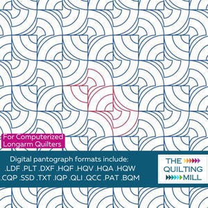 May include: Digital quilting pattern featuring a repeating geometric design of curved lines in blue and red on a white background. The text "For Computerized Longarm Quilters" is visible, along with a list of digital formats and the logo for The Quilting Mill.