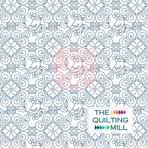 May include: A repeating pattern featuring stylized birds perched on branches with flowers, set against a backdrop of swirling lines and floral motifs. The design is primarily in shades of blue on a white background, with a red square in the center. The text "THE QUILTING MILL" is in the bottom right corner.