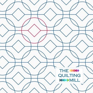 May include: A white background with a repeating pattern of blue circles and diamonds. The circles and diamonds overlap and create a geometric design. The text "THE QUILTING MILL" is in the bottom right corner of the image.
