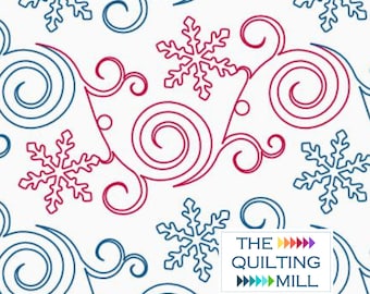May include: A white background with a repeating pattern of blue and red swirls and snowflakes. The text "THE QUILTING MILL" is in the lower right corner.