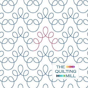 May include: White fabric with a repeating pattern of blue swirls and a single red swirl design. The text "THE QUILTING MILL" is in a white rectangle in the lower right corner. This fabric is suitable for quilting projects.