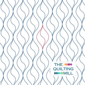 May include: White background with a repeating pattern of blue, wavy lines. A single red, flame-like shape is centered within the design. The text "THE QUILTING MILL" is in a white rectangle with colorful arrows.