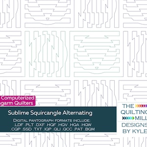 Puede incluir: Un patrón de acolchado digital llamado "Sublime Squircangle Alternating" para acolchadores de brazo largo. El patrón está diseñado por The Quilting Mill Designs by Kyle. El patrón incluye formatos de pantografía digital en LDF, PLT, DXF, HQF, HQV, HQA, HQW, CQP, SSD, TXT, IQP, QLI, QCC, PAT y BQM.