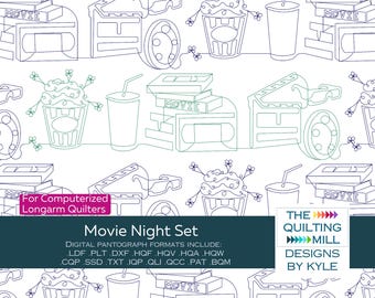 Movie Night Set - Digital Pantograph | Fun and Whimsical Movie-Themed Quilting Design | Edge-to-Edge Longarm Pattern