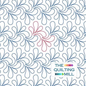 May include: A white background with a repeating pattern of blue teardrop shapes. A cluster of red teardrop shapes is in the center. The image includes the text "THE QUILTING MILL" in a rectangular box.