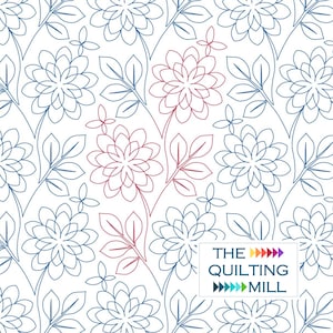 Peut inclure: Un motif floral stylisé rouge et bleu sans couture. Le motif est sur un fond blanc. Le texte "THE QUILTING MILL" est dans le coin inférieur droit de l'image.