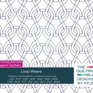 Könnte beinhalten: Ein digitales Quiltmuster namens "Loop Weave" für computergesteuerte Longarm-Quilter. Das Muster ist in mehreren digitalen Formaten erhältlich, darunter LDF, PLT, DXF, HQF, HQV, HQA, HQW, CQP, SSD, TXT, IQP, QLI, QCC, PAT und BQM. Das Muster wurde von The Quilting Mill Designs by Kyle entworfen.