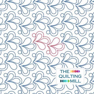 May include: A white background with a repeating pattern of blue, stylized leaf shapes. A section of the pattern is highlighted in red. The image includes the text "THE QUILTING MILL" in a white rectangle.