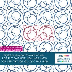 Pode incluir: Um padrão de acolchoado digital com um design repetitivo de círculos interligados em azul e vermelho sobre um fundo branco. A imagem inclui texto indicando compatibilidade com máquinas de acolchoar longarm computadorizadas e lista vários formatos de arquivo.