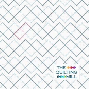 May include: A white background with a blue and white geometric pattern. A single pink diamond is in the center of the pattern. The text "THE QUILTING MILL" is in a white box with colorful arrows.