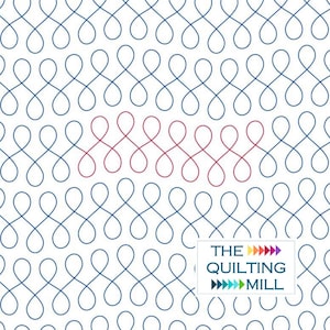 May include: White fabric with a repeating pattern of blue infinity symbols. A row of red infinity symbols is centered in the design. The text "THE QUILTING MILL" is in a white rectangle in the lower right corner.