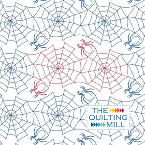 May include: A white fabric featuring a repeating pattern of spider webs and spiders in dark blue and red outlines. The text THE QUILTING MILL is printed in the bottom right corner, accompanied by a row of small, colorful triangular icons.