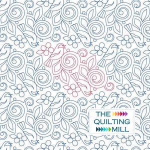 May include: A white background with a repeating pattern of blue and red line art. The design features birds, flowers, leaves, and swirls. The text "THE QUILTING MILL" is in a white rectangle in the lower right corner.