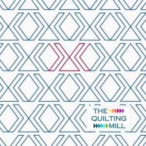 Peut inclure: Un fond blanc avec un motif répétitif de formes géométriques bleues. Le motif est composé de diamants et de triangles qui se chevauchent. Le texte "THE QUILTING MILL" est dans le coin inférieur droit de l'image.