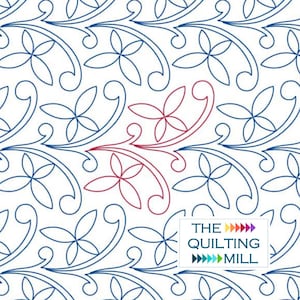 May include: A digital quilting design featuring a repeating pattern of blue and red stylised floral motifs. The design is called "Swirling Vines" and is from The Quilting Mill.