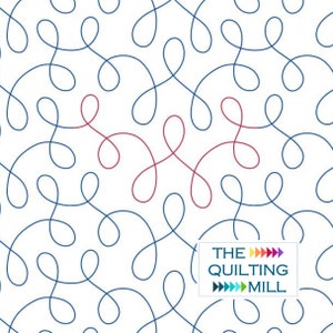 May include: A white background with a repeating pattern of blue and red swirls. The text "THE QUILTING MILL" is in the bottom right corner of the image.
