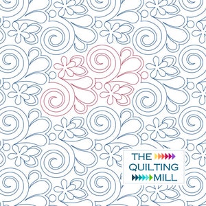 May include: A white background with a repeating pattern of blue and red floral and swirl designs. The image includes the text "THE QUILTING MILL" in a white rectangle with a colorful arrow design.
