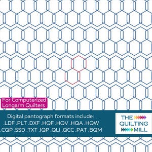 Pode incluir: Um design de pantografo digital para quilters de braço longo com um padrão de favo de mel azul sobre um fundo branco. O design está disponível em vários formatos, incluindo LDF, PLT, DXF, HQF, HQV, HQA, HQW, CQP, SSD, TXT, IQP, QLI, QCC, PAT e BQM. O texto "The Quilting Mill" também é visível na imagem.