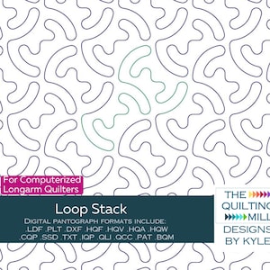 Könnte beinhalten: Digitales Quiltmuster mit dem Titel "Loop Stack" mit einem sich wiederholenden abstrakten Design in Dunkelblau auf weißem Hintergrund. Das Bild enthält den Text "For Computerized Longarm Quilters" und eine Liste digitaler Formate.