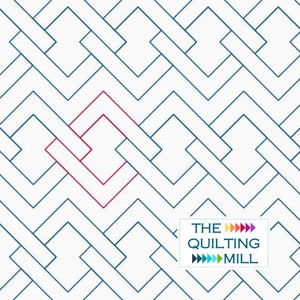 May include: A white background with a blue and red geometric pattern. The pattern is made up of interlocking squares and diamonds. The text "THE QUILTING MILL" is in the lower right corner of the image.