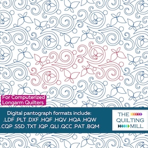 May include: A digital quilting pattern design featuring a repeating pattern of swirls, butterflies, and leaves in blue and red on a white background. The design is for computerized longarm quilters. The image includes a list of digital pantograph formats.