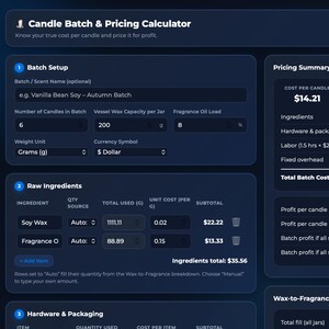 May include: A digital Candle Batch & Pricing Calculator interface featuring dark mode panels for batch setup, raw ingredients, hardware, packaging, labor, overhead, and pricing. The dashboard displays calculated costs, profit margins, and wax-to-fragrance breakdowns in US dollars.