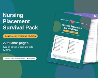 Op de afbeelding: Een digitaal document Nursing Placement Survival Pack Australian Student Edition met 22 invulbare pagina's. De omslag toont een rood hartsymbool, een witte hartslaglijn en een lijst met inhoud, waaronder klinische logboeken, trackers en sjablonen.