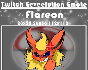 Puede incluir: Una ilustración digital de Flareon, un Pokémon de tipo fuego, con un esquema de color rojo y amarillo. El Pokémon se muestra con una expresión de enojo y un puño cerrado. La imagen incluye el texto "Twitch Eeveelution Emote Flareon 28x28 56x56 ||28|12 Artwork by: Jenny Twitch.tv/xRosedust".