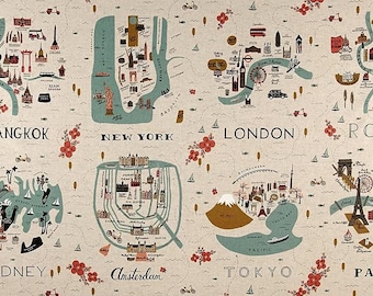 Rifle Paper Company "Les Fleurs - City Maps"   Natural Canvas 24" Panel