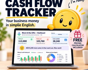 May include: A digital cash flow tracker for small businesses displayed on a laptop screen. The interface shows financial data, charts, and a dashboard. A yellow coin character named Penny is visible, along with text about Excel and Google Sheets.