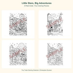 Peut inclure: Quatre pages de coloriage en noir et blanc intitul&eacute;es Little Stars, Big Adventures, A Peek Inside - Four Coloring Pictures. Les illustrations montrent des enfants en combinaison spatiale, des fus&eacute;es, des plan&egrave;tes, des robots et un chien.