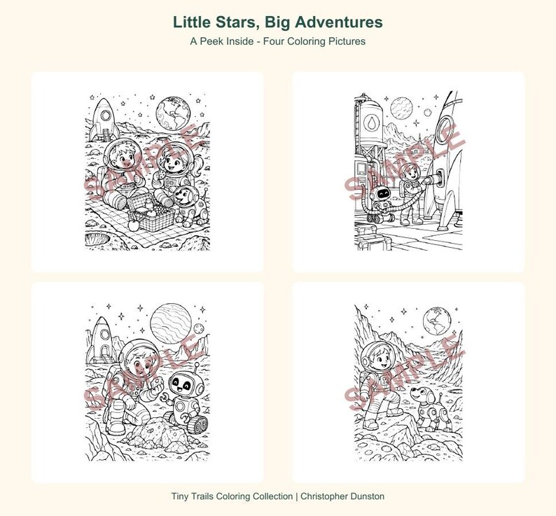 Peut inclure: Quatre pages de coloriage en noir et blanc intitul&eacute;es Little Stars, Big Adventures, A Peek Inside - Four Coloring Pictures. Les illustrations montrent des enfants en combinaison spatiale, des fus&eacute;es, des plan&egrave;tes, des robots et un chien.