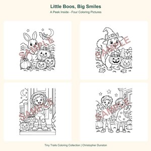 May include: Four black and white coloring pages titled Little Boos, Big Smiles. The images feature a rabbit with pumpkins, a squirrel in a witch hat, a child in an astronaut costume, and two children in costumes, all with a sample watermark.