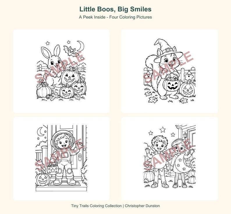 May include: Four black and white coloring pages titled Little Boos, Big Smiles. The images feature a rabbit with pumpkins, a squirrel in a witch hat, a child in an astronaut costume, and two children in costumes, all with a sample watermark.