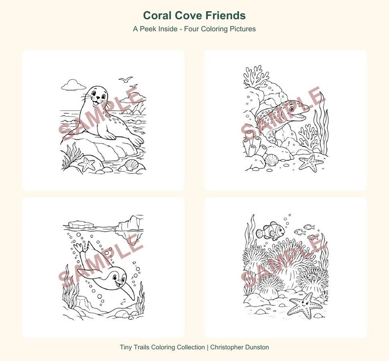 K&ouml;nnte beinhalten: Vier schwarz-wei&szlig;e Ausmalbilder mit dem Titel Coral Cove Friends: A Peek Inside - Four Coloring Pictures. Die Illustrationen zeigen eine Robbe auf einem Felsen, einen Aal im Riff, eine schwimmende Robbe und Clownfische in Anemonen.