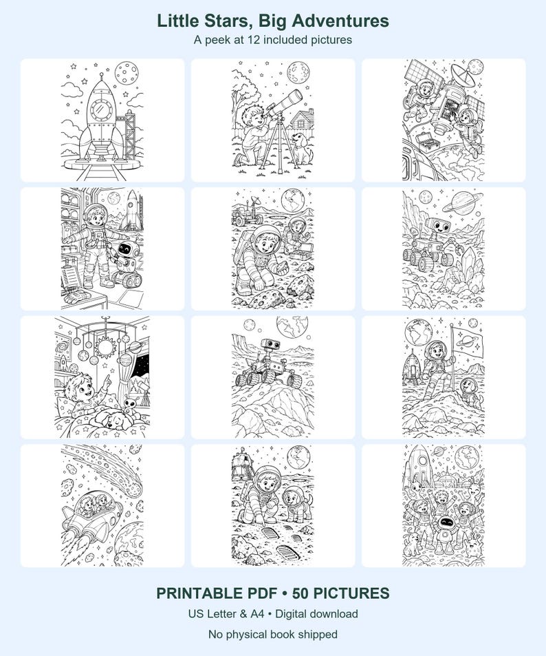 Coloriages spatiaux pour enfants, 50 images à imprimer - Petites étoiles, grandes aventures - Format Lettre et A4 (PDF) image 5