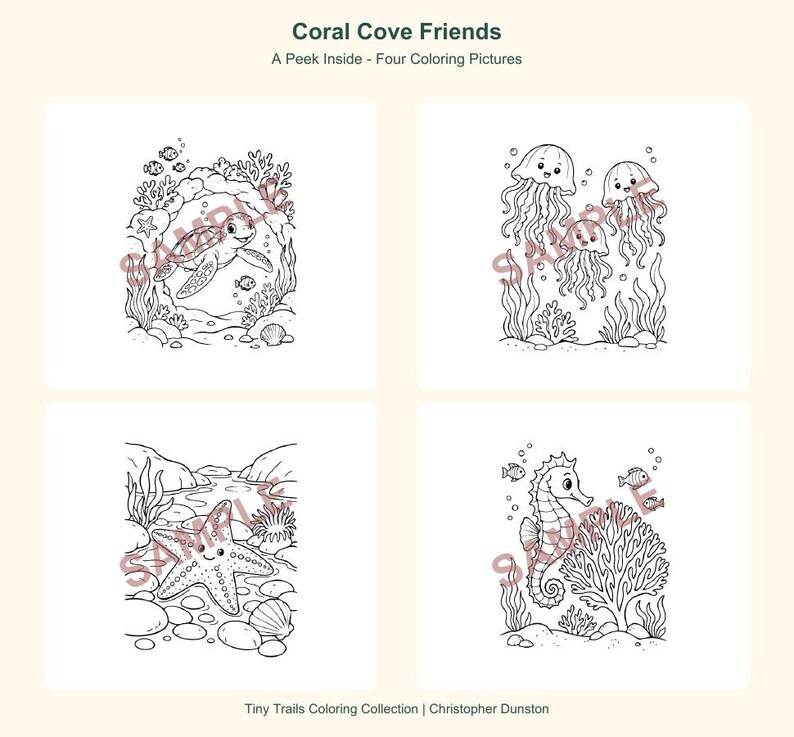 May include: Four black and white coloring pages titled Coral Cove Friends: A Peek Inside - Four Coloring Pictures. The illustrations feature a sea turtle, three jellyfish, a starfish, and a seahorse in underwater scenes with coral and fish.
