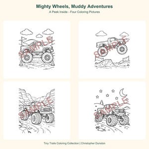 Puede incluir: Una p&aacute;gina de libro para colorear titulada Mighty Wheels, Muddy Adventures que presenta cuatro ilustraciones en blanco y negro de camiones monstruo en varios entornos al aire libre, incluyendo colinas, ca&ntilde;ones y una escena nocturna con estrellas.