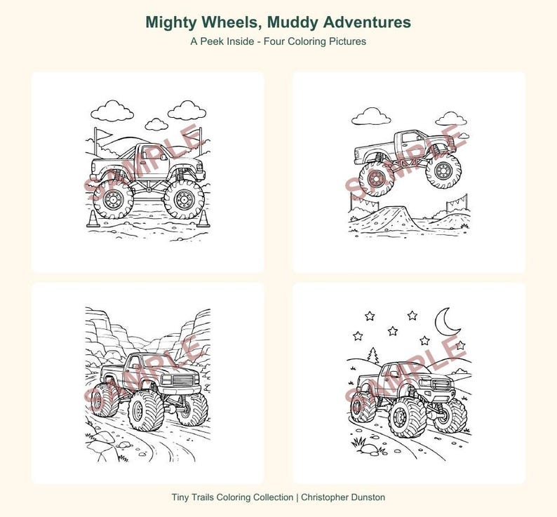 Puede incluir: Una p&aacute;gina de libro para colorear titulada Mighty Wheels, Muddy Adventures que presenta cuatro ilustraciones en blanco y negro de camiones monstruo en varios entornos al aire libre, incluyendo colinas, ca&ntilde;ones y una escena nocturna con estrellas.