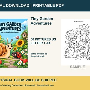 K&ouml;nnte beinhalten: Ein digitales Malbuch mit dem Titel Tiny Garden Adventures, das eine Schnecke und einen Marienk&auml;fer in einem Garten mit Sonnenblumen und Erdbeeren zeigt. Enth&auml;lt 50 Bilder in US Letter und A4 mit einer Beispielseite, auf der eine Schnecke Sonnenblumen gie&szlig;t.