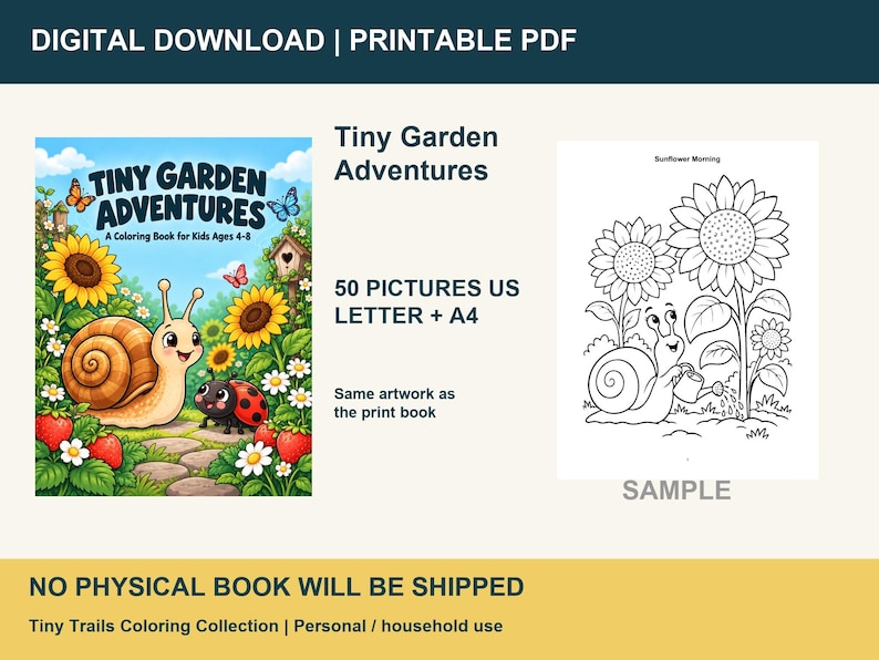 K&ouml;nnte beinhalten: Ein digitales Malbuch mit dem Titel Tiny Garden Adventures, das eine Schnecke und einen Marienk&auml;fer in einem Garten mit Sonnenblumen und Erdbeeren zeigt. Enth&auml;lt 50 Bilder in US Letter und A4 mit einer Beispielseite, auf der eine Schnecke Sonnenblumen gie&szlig;t.