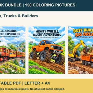May include: A 3-book bundle of colouring books titled All Aboard, Little Explorers, Mighty Wheels, Muddy Adventures, and Busy Builders, Big Dreams. The covers feature a red steam train, an orange monster truck, and yellow construction vehicles.