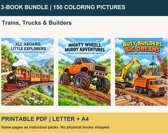 May include: A 3-book bundle of coloring books titled All Aboard, Little Explorers, Mighty Wheels, Muddy Adventures, and Busy Builders, Big Dreams. The covers feature a red steam train, an orange monster truck, and yellow construction vehicles.