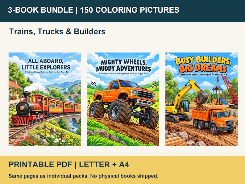 May include: A 3-book bundle of colouring books titled All Aboard, Little Explorers, Mighty Wheels, Muddy Adventures, and Busy Builders, Big Dreams. The covers feature a red steam train, an orange monster truck, and yellow construction vehicles.