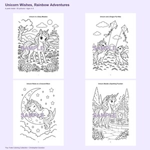 Puede incluir: Un libro para colorear titulado Unicorn Wishes, Rainbow Adventures con cuatro p&aacute;ginas de arte lineal en blanco y negro. Las escenas incluyen un unicornio en un prado, un unicornio y un drag&oacute;n volando cometas, un unicornio en una luna creciente y un unicornio junto a una fuente.